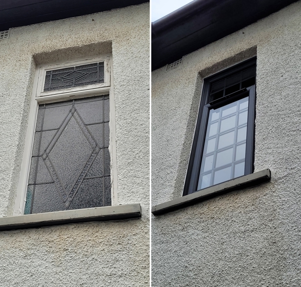 A before and after of new windows installed on a house in Leeds