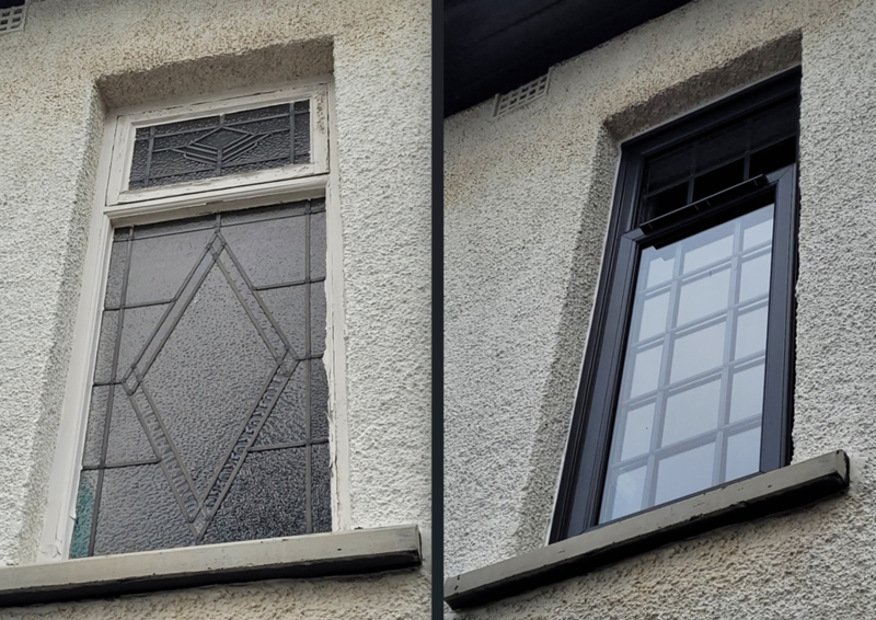 A before and after of new windows installed on a house in Leeds