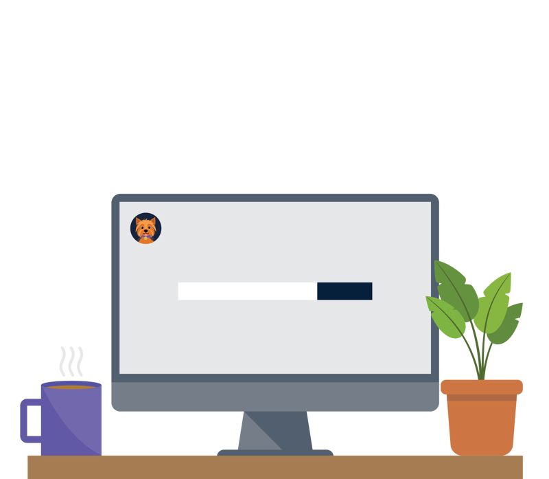 Computer showing log on screen on a desk with a house plant and mug
