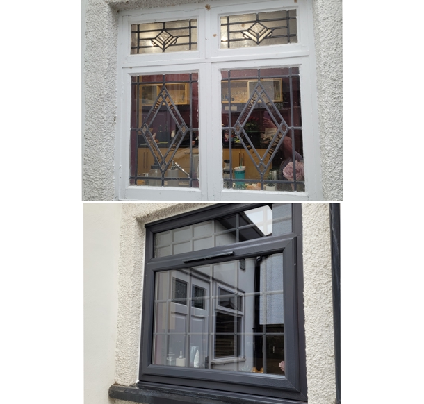 A before and after of new windows installed on a house in Leeds