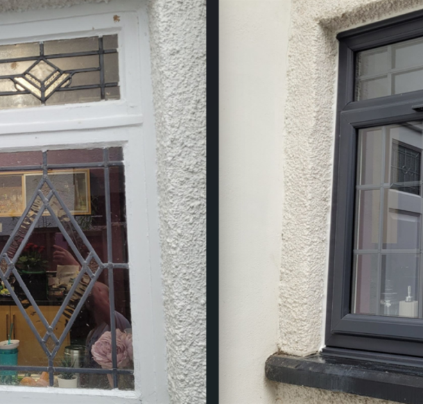 A before and after of new windows installed on a house in Leeds